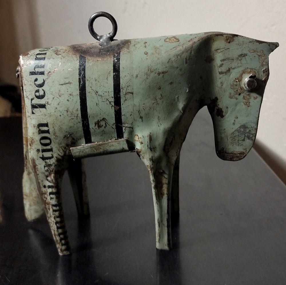 Folk Art Metal Green Donkey. Reclaimed Steel Drum "Communication Technology"